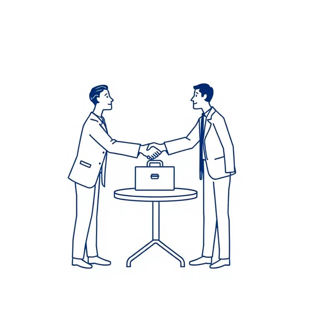 Two professionals shaking hands over a small conference table with a briefcase