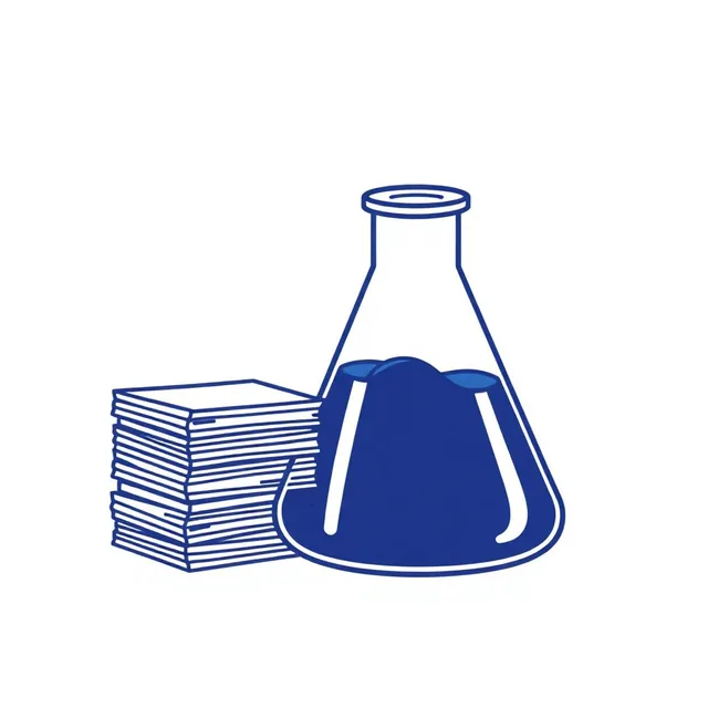 Scientific beaker beside a stack of index cards representing sampling methodology